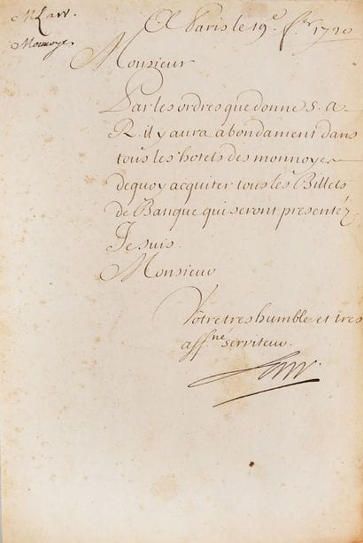 LAW (John). LETTRE CIRCULAIRE SIGNÉE du 19...
