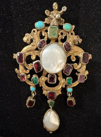 Silver (800/oo) vermeil brooch-pendant with...