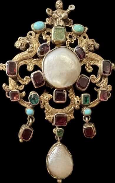 Silver (800/oo) vermeil brooch-pendant with...