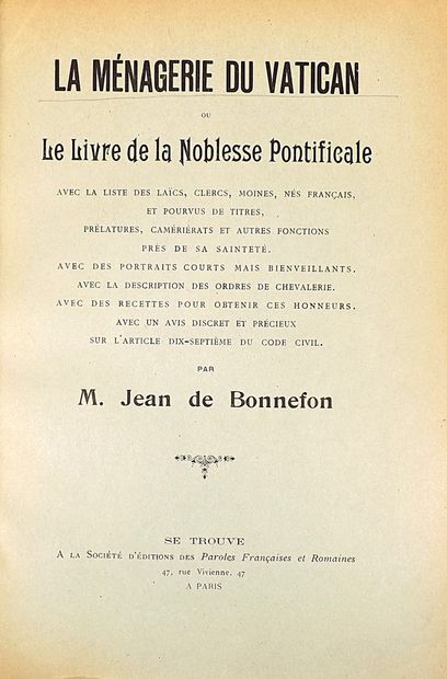 BONNEFON (Jean de). LA MÉNAGERIE DU VATICAN...