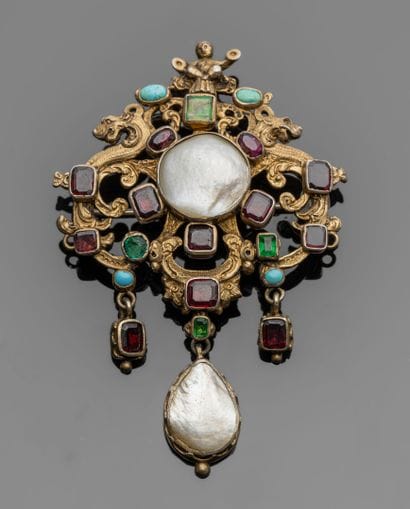 Silver (800/oo) vermeil brooch-pendant with...