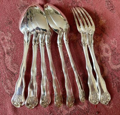 Six couverts à entremet en argent (925‰),...