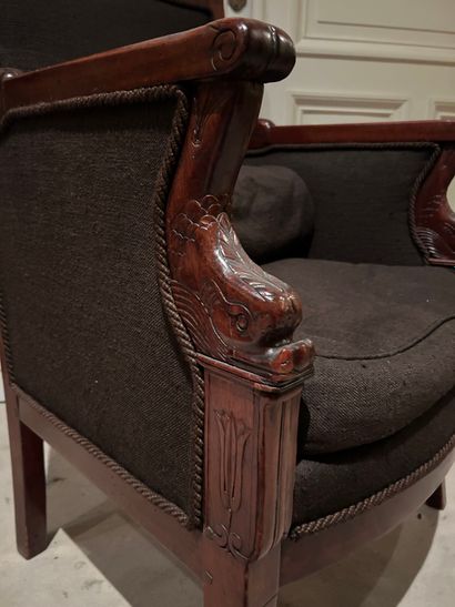Bergère à dossier plat en acajou, les supports...