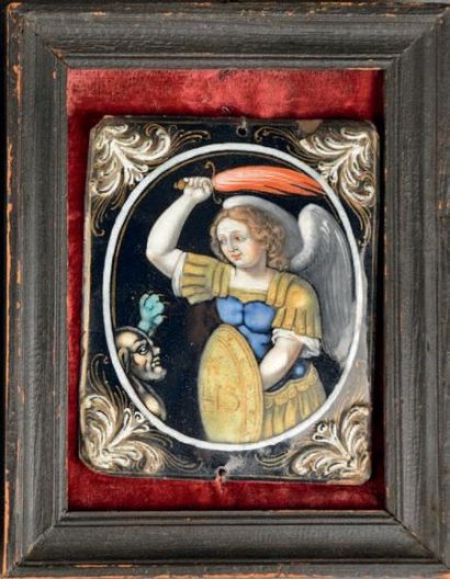 Plaque en émail peint polychrome avec rehauts...