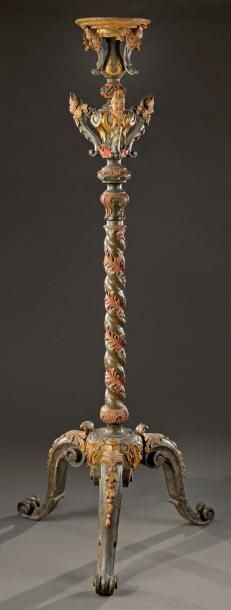Importante torchère en bois laqué polychrome...