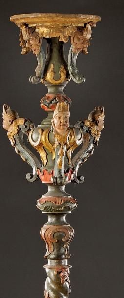 Importante torchère en bois laqué polychrome...