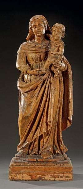 Statue de Vierge à l'Enfant en bois sculpté...