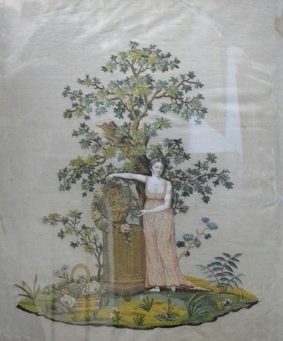 Broderie en soie représentant une jeune femme...