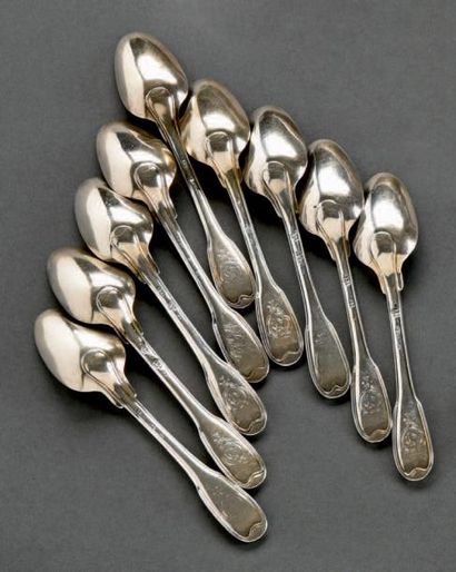 Suite de neuf cuillères à café en argent...