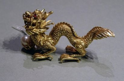 Dragon asiatique en or jaune 14k (585/°°)...