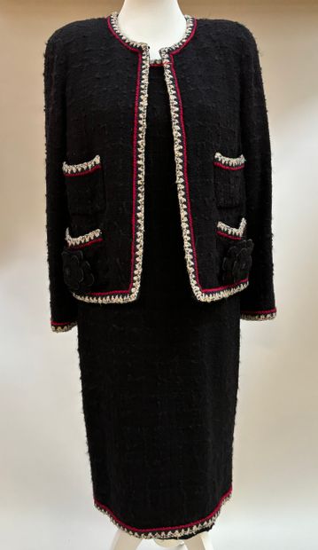CHANEL - Black dress suit trimmed with white...