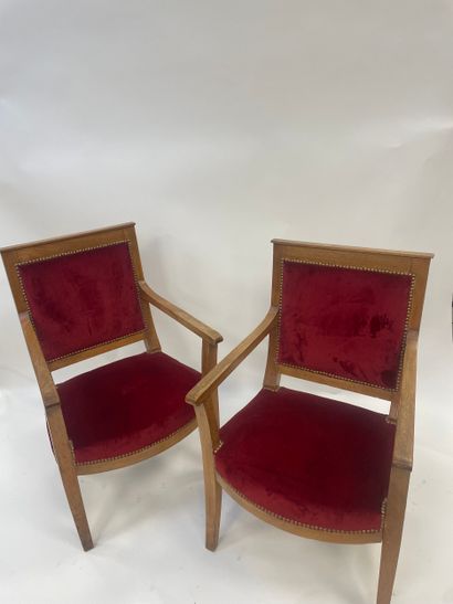 Pair of wooden armchairs 
Saber-leg base...
