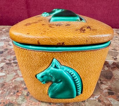 LONGHCAMP 
Orange leather tobacco jar decorated...