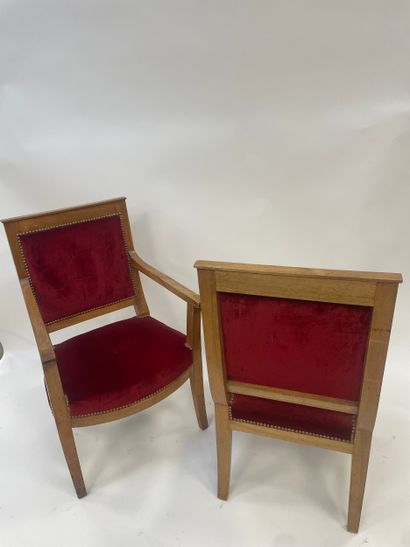 Pair of wooden armchairs 
Saber-leg base...
