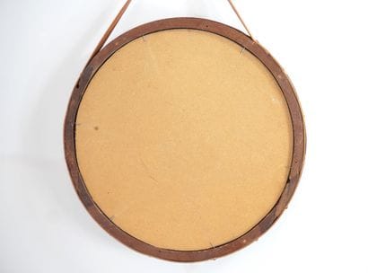 Round teak mirror with leather strap. D ...