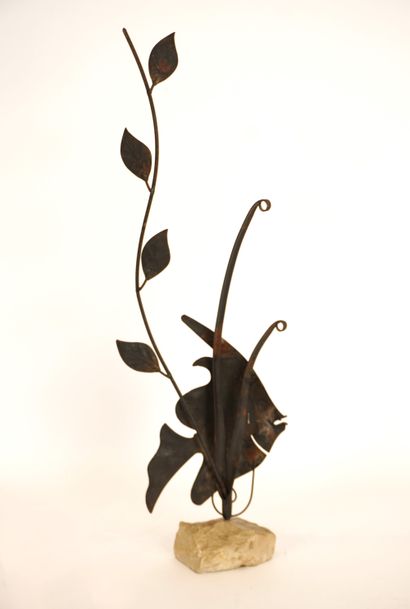 Fish in repoussé metal on base. Unsigned....