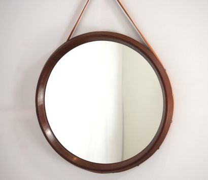Round teak mirror with leather strap. D ...