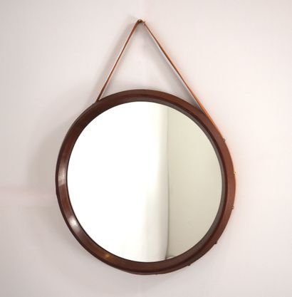 Round teak mirror with leather strap. D ...