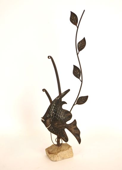 Fish in repoussé metal on base. Unsigned....