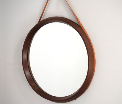 Round teak mirror with leather strap. D ...