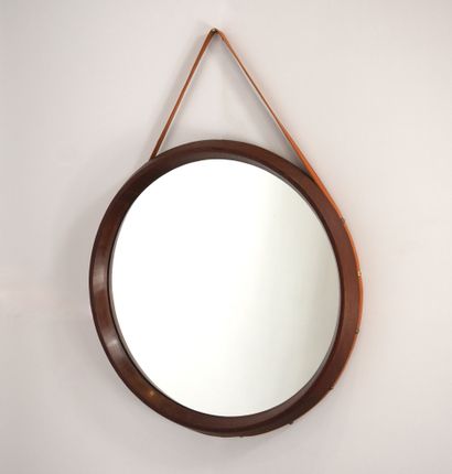 Round teak mirror with leather strap. D ...