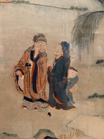 China. Set of two silk panels, Chinese figures,...