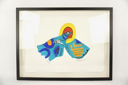 Corneille (1922-2010). Deux oiseaux bleus...