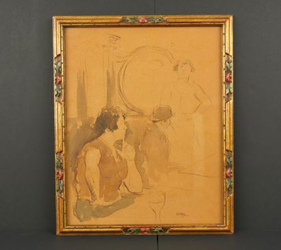 Dupagne (1889 - 1980). Intérieur. Aquarelle...