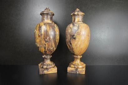 Paire de vases couverts en marbre jaune de...