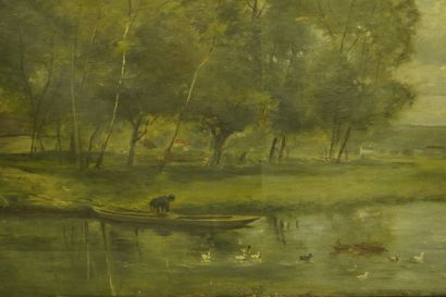 Huile sur toile. Paysage animé au bord de...