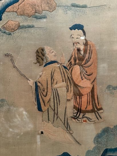 China. Set of two silk panels, Chinese figures,...
