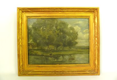 Huile sur toile. Paysage animé au bord de...