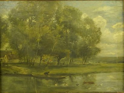 Huile sur toile. Paysage animé au bord de...