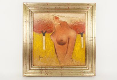 Musin (1939-) Nu au chapeau dans un paysage...