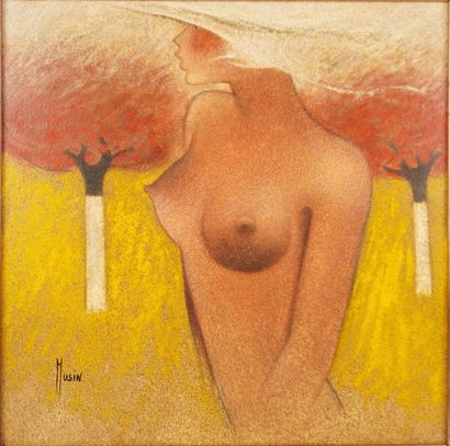 Musin (1939-) Nu au chapeau dans un paysage...