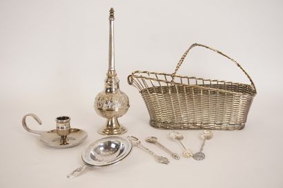 Silver-plated metal. Set of 5 objects. Bottle...