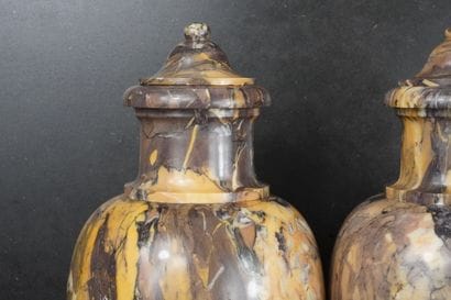 Paire de vases couverts en marbre jaune de...
