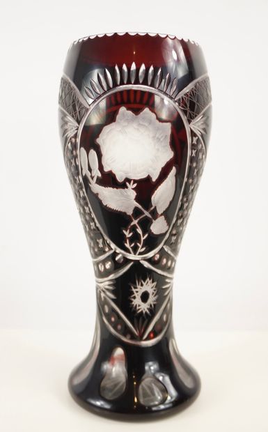 Cut burgundy red vase. Probably Bohemian...