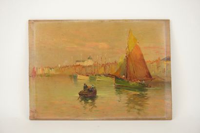 Huile sur panneau représentant un petit port,...