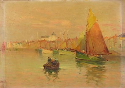 Huile sur panneau représentant un petit port,...