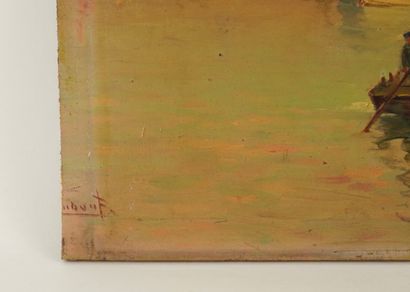 Huile sur panneau représentant un petit port,...