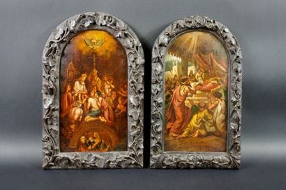 Pair of panel paintings. One depicts the...