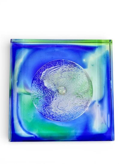 ASIA. Square paperweight, bluish glass, dragon...