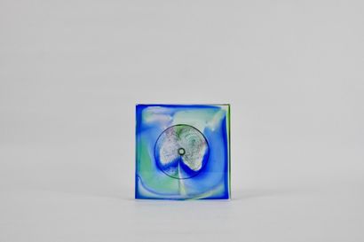 ASIA. Square paperweight, bluish glass, dragon...
