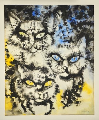 Aquarelle représentant trois têtes de chats....