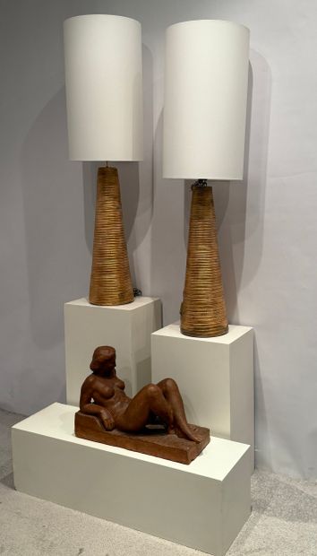 2 grandes lampes en céramique dorée, forme...