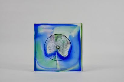 ASIA. Square paperweight, bluish glass, dragon...