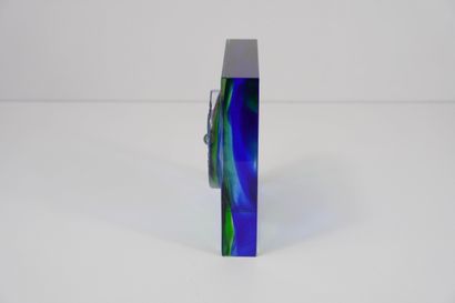 ASIA. Square paperweight, bluish glass, dragon...