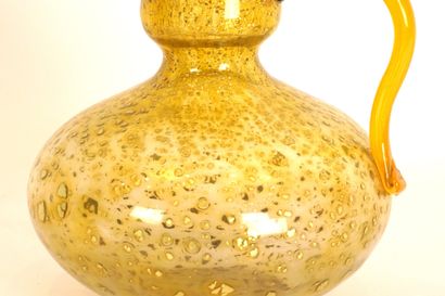 DAUM. Pitcher in yellow bubble glass glittered...