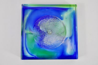 ASIA. Square paperweight, bluish glass, dragon...